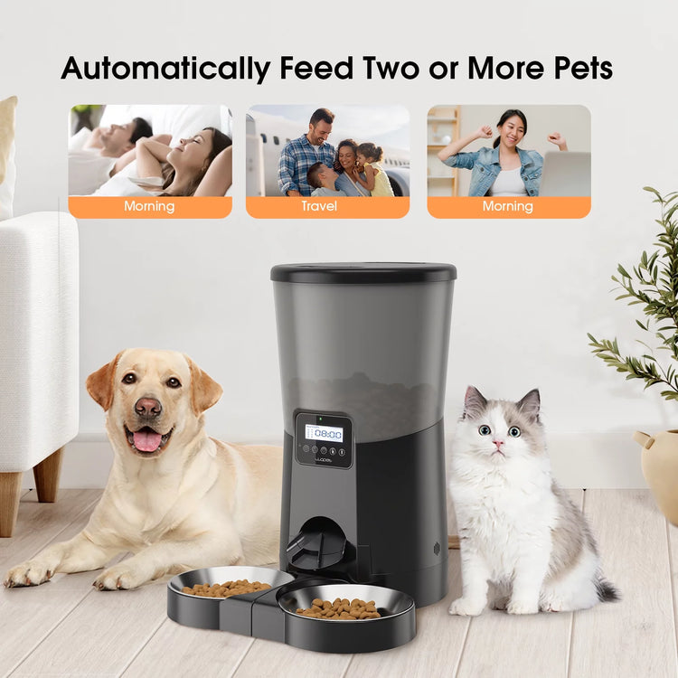 Automatic Dog Feeders, Pet Food Dispenser, Cat Feeder with Dual Stainless Steel Bowl for 2 Cats Pets, 8L, Black